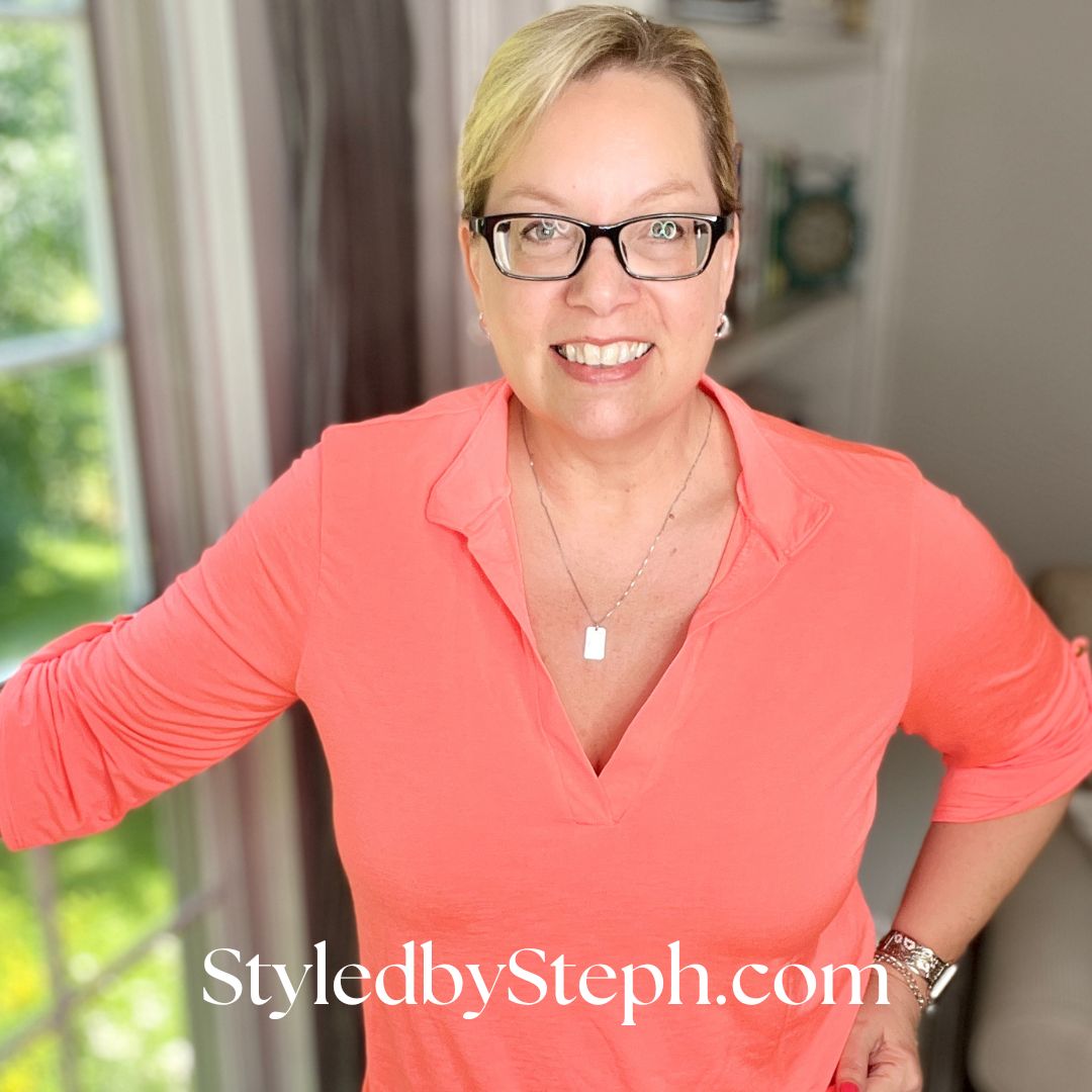 V-neck tops are more flattering to large busts and round-neck tops are more flattering to small busts Styled by Steph Online Boutique Granger, IN