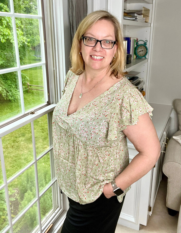 Babydoll Blouse With Flutter Sleeves In Sage Garden-short sleeve top-Styled by Steph-Styled by Steph-Women's Fashion Clothing Boutique, Indiana