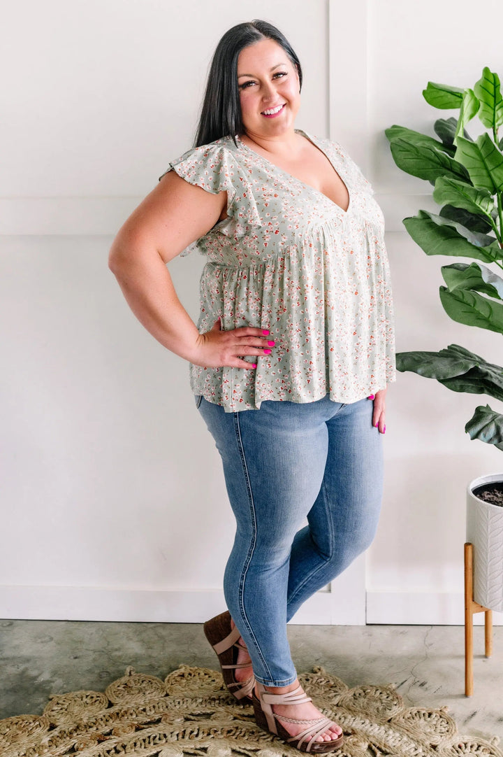 Babydoll Blouse With Flutter Sleeves In Sage Garden-short sleeve top-Styled by Steph-Styled by Steph-Women's Fashion Clothing Boutique, Indiana