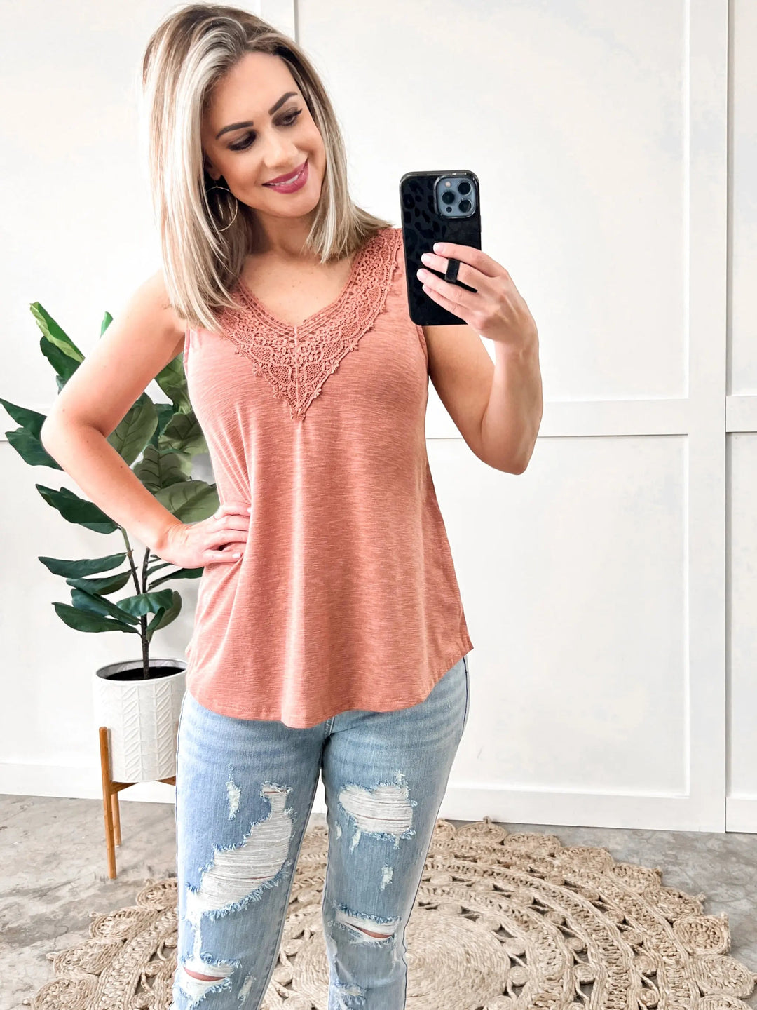 Crochet V-Neck Sleeveless Top In Rustic Rose-Tank Top-Styled by Steph-Styled by Steph-Women's Fashion Clothing Boutique, Indiana