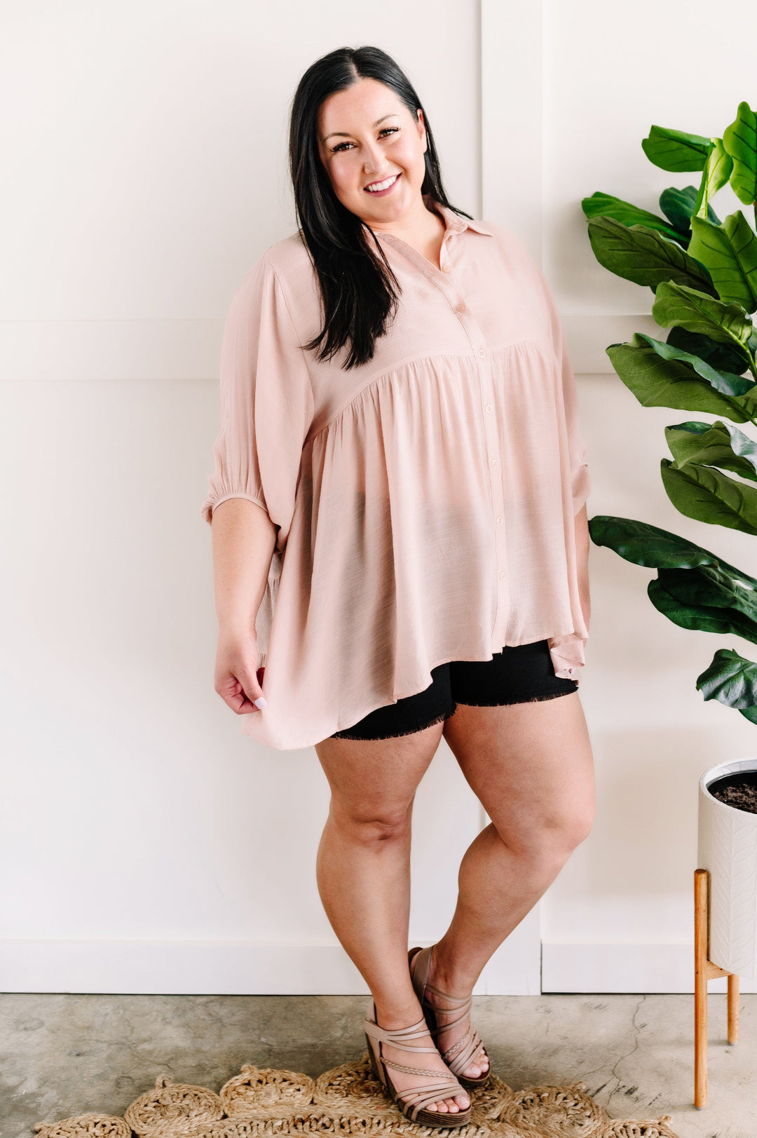 Oversized Tiered Bohemian Button Down Blouse In Soft Blush-short sleeve top-American Boutique Drop Ship-Styled by Steph-Women's Fashion Clothing Boutique, Indiana