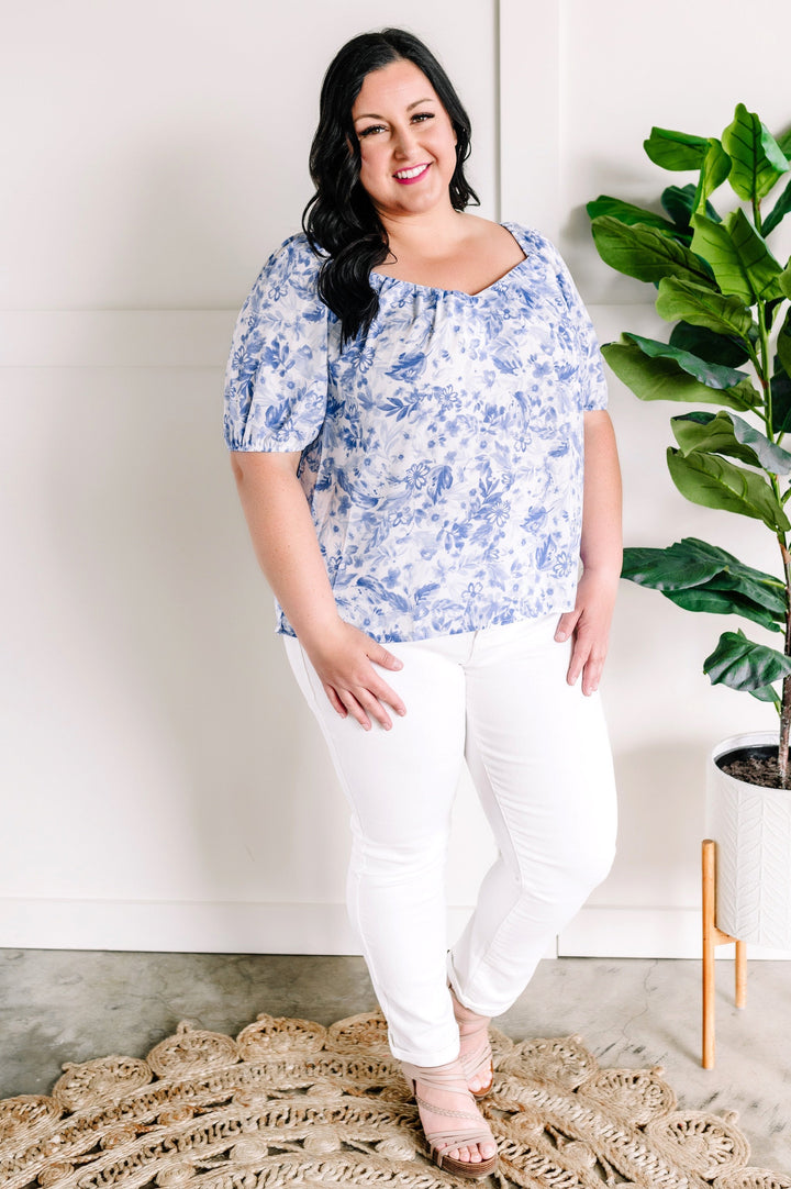 Sweetheart Neckline Blouse In Porcelain & Blue Floral-short sleeve top-Styled by Steph-Styled by Steph-Women's Fashion Clothing Boutique, Indiana