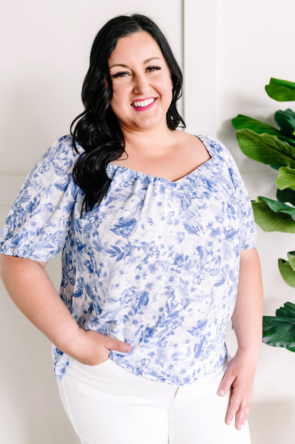 Sweetheart Neckline Blouse In Porcelain & Blue Floral-short sleeve top-American Boutique Drop Ship-Styled by Steph-Women's Fashion Clothing Boutique, Indiana