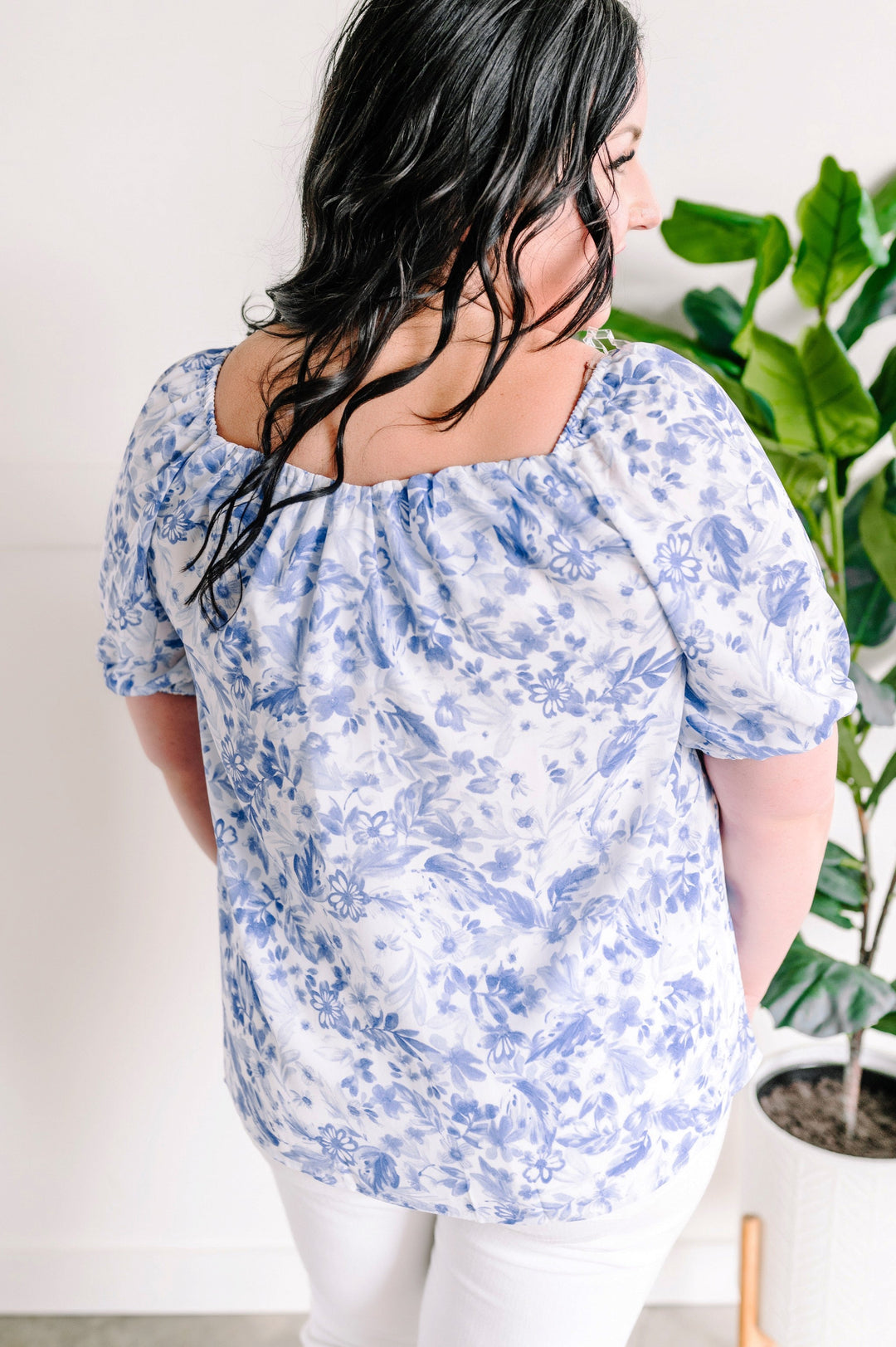 Sweetheart Neckline Blouse In Porcelain & Blue Floral-short sleeve top-Styled by Steph-Styled by Steph-Women's Fashion Clothing Boutique, Indiana