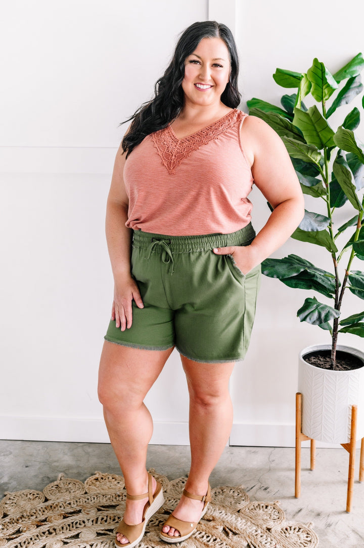 Summer Blend Drawstring Shorts In Olive-shorts-American Boutique Drop Ship-Styled by Steph-Women's Fashion Clothing Boutique, Indiana