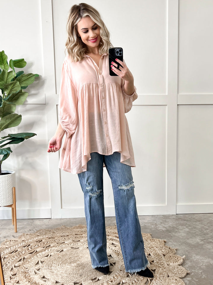 Oversized Tiered Bohemian Button Down Blouse In Soft Blush-short sleeve top-Styled by Steph-Styled by Steph-Women's Fashion Clothing Boutique, Indiana