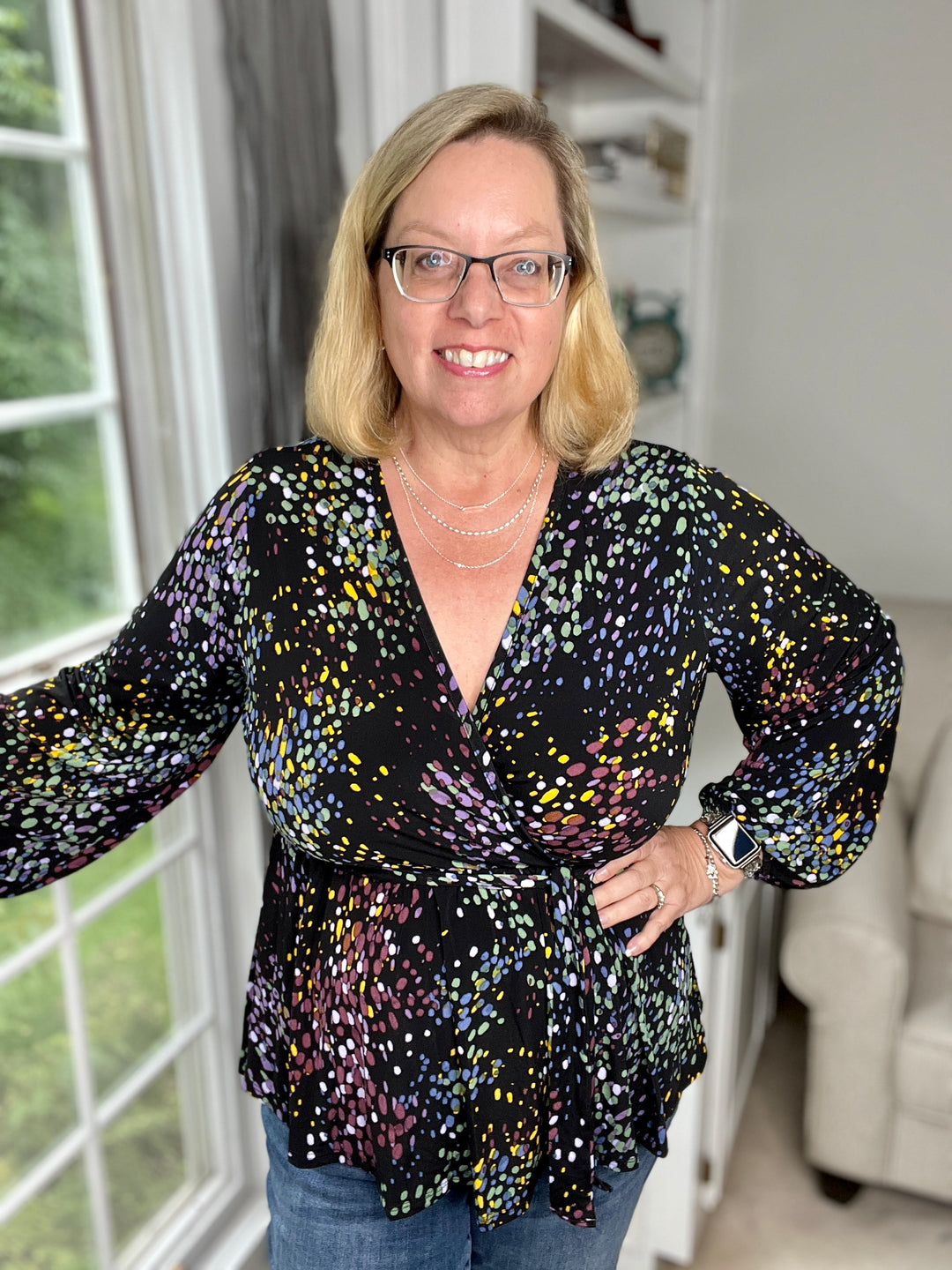 Multi-Color Surplice Blouse with Belt-Long Sleeve Tops-Styled by Steph-Styled by Steph-Women's Fashion Clothing Boutique, Indiana