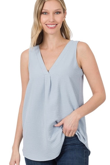 Light Blue Woven V-Neck Tank Top-tank-Zenana-Styled by Steph-Women's Fashion Clothing Boutique, Indiana