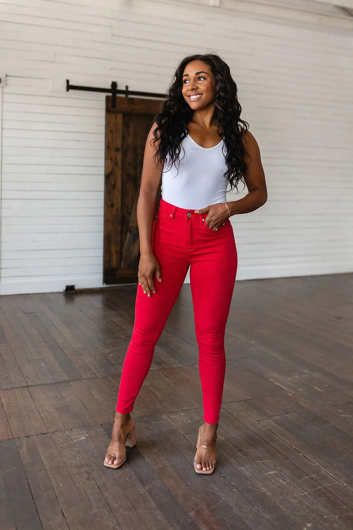 Judy Blue High Waist Tummy Control Red Skinny Jeans-denim-Ave Shops-Styled by Steph-Women's Fashion Clothing Boutique, Indiana