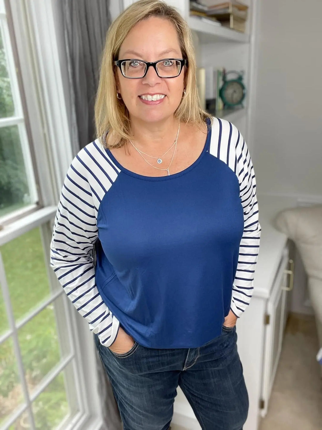 Plus Blue Striped-Sleeve Raglan Top-Styled by Steph-Styled by Steph-Women's Fashion Clothing Boutique, Indiana