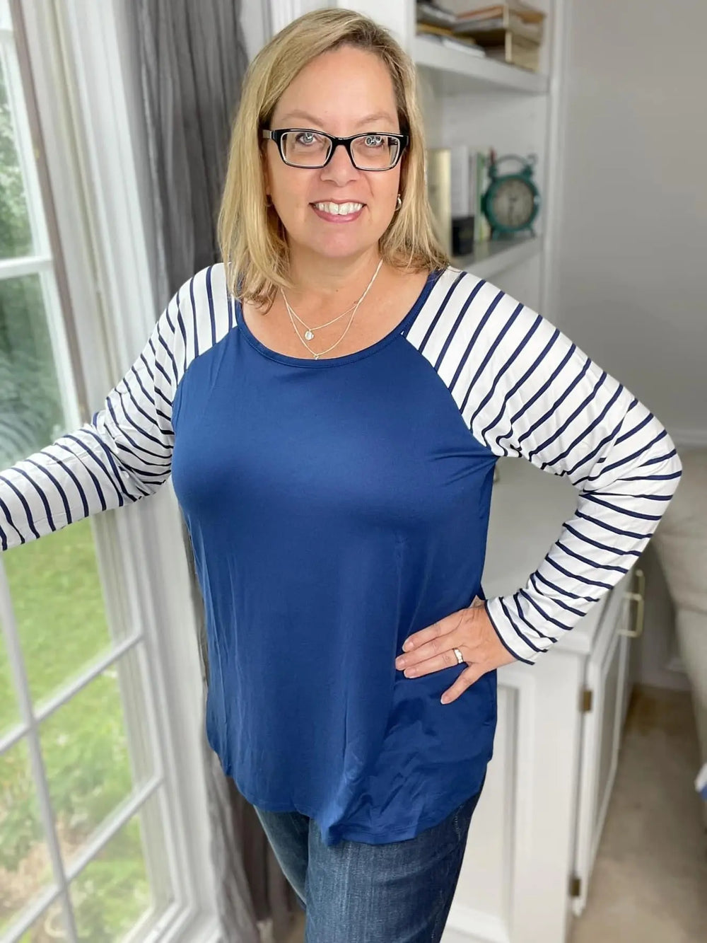 Plus Blue Striped-Sleeve Raglan Top-Styled by Steph-Styled by Steph-Women's Fashion Clothing Boutique, Indiana