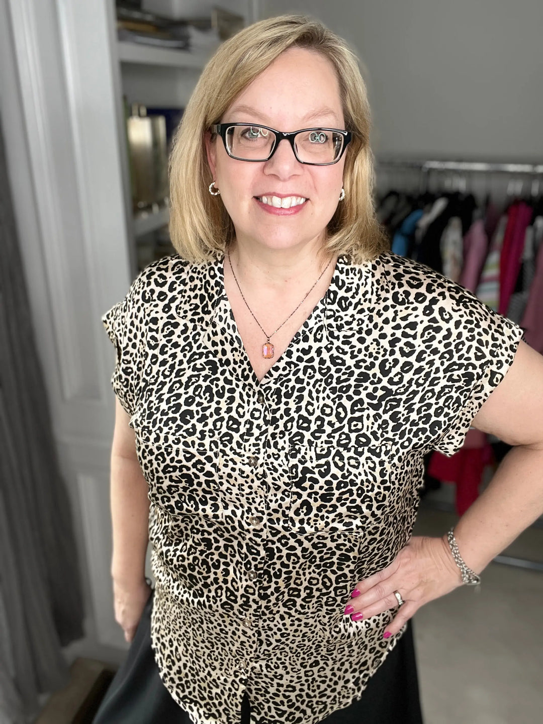 Short-Sleeve Animal Print Blouse Styled by Steph