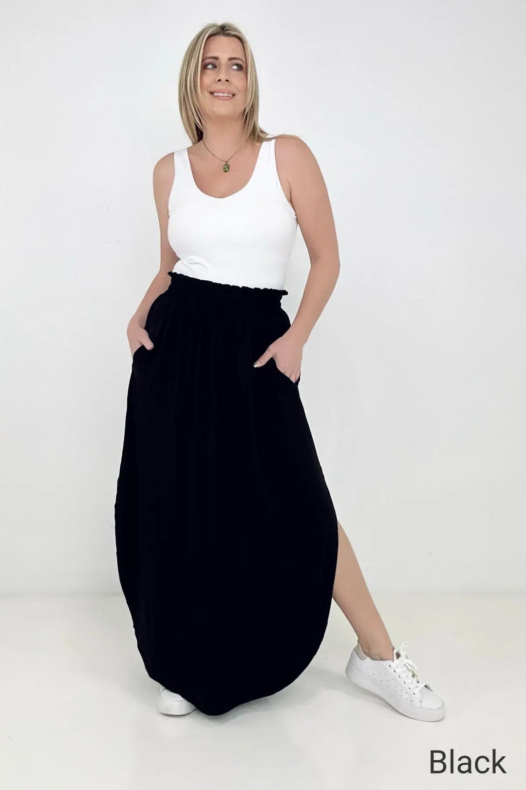 Smocked Waist Maxi Skirt with Side Slits and Pockets (3 colors)-Skirts-Sample-Styled by Steph-Women's Fashion Clothing Boutique, Indiana