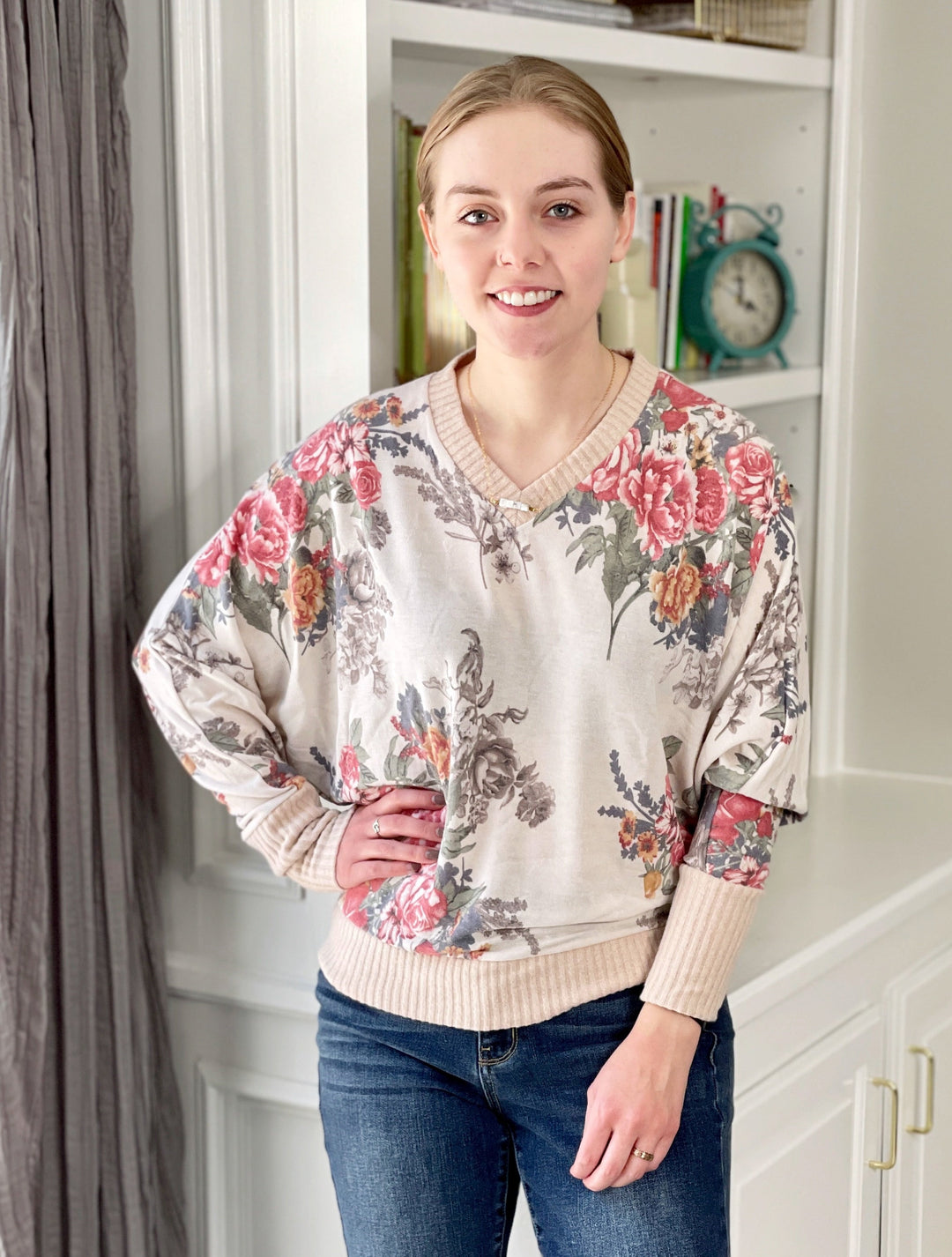 Cream Floral V-Neck Sweater with Dolman Sleeves-sweater-White Birch-Styled by Steph-Women's Fashion Clothing Boutique, Indiana