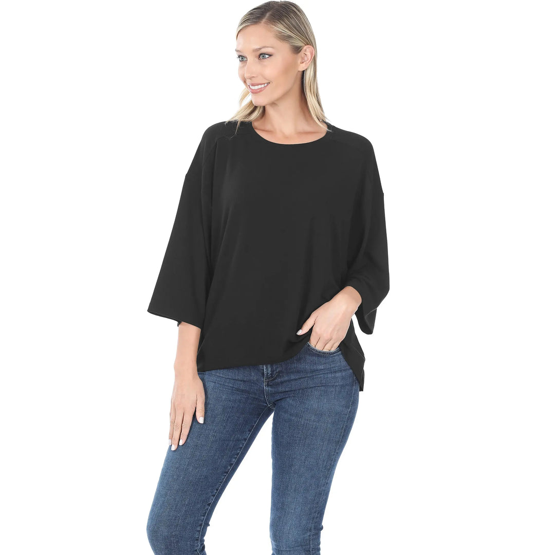 Black Boxy 3/4-Sleeve Top-3/4 sleeve top-Zenana-Styled by Steph-Women's Fashion Clothing Boutique, Indiana
