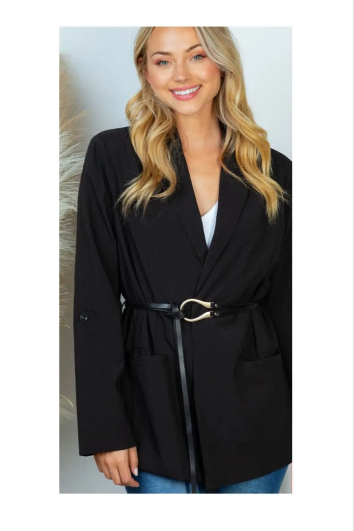 Black Woven Blazer with Belt & Pockets-blazer-White Birch-Styled by Steph-Women's Fashion Clothing Boutique, Indiana