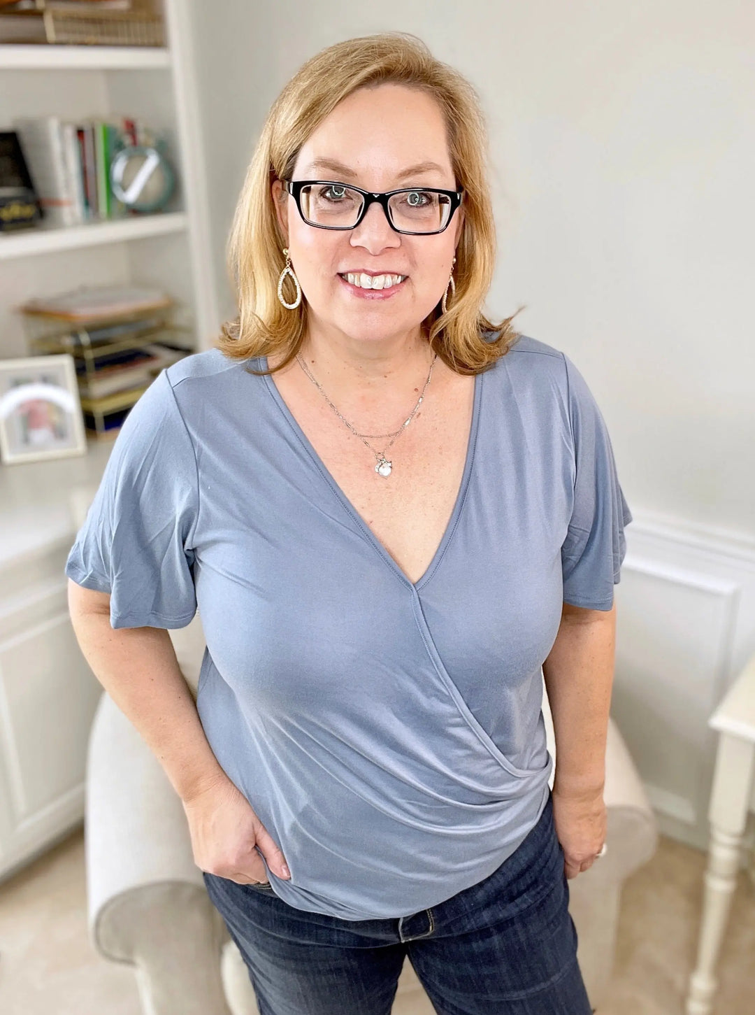 Blue Draped Faux-Wrap Top-short sleeve top-Ninexis-Styled by Steph-Women's Fashion Clothing Boutique, Indiana