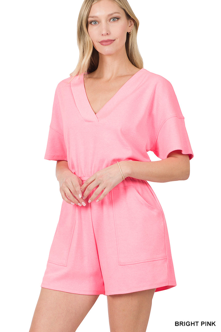 Summer V-Neck Short-Sleeve Romper in Pink-Jumpsuits & Rompers-Zenana-Styled by Steph-Women's Fashion Clothing Boutique, Indiana