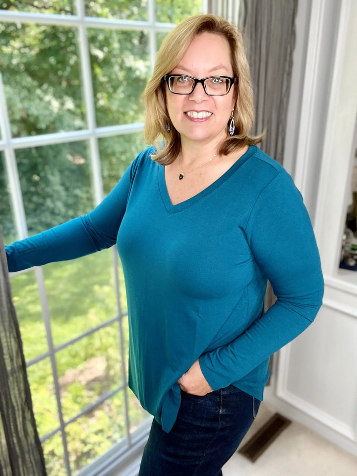Classic V-Neck Long-Sleeve Top in Teal-long sleeve top-Zenana-Styled by Steph-Women's Fashion Clothing Boutique, Indiana