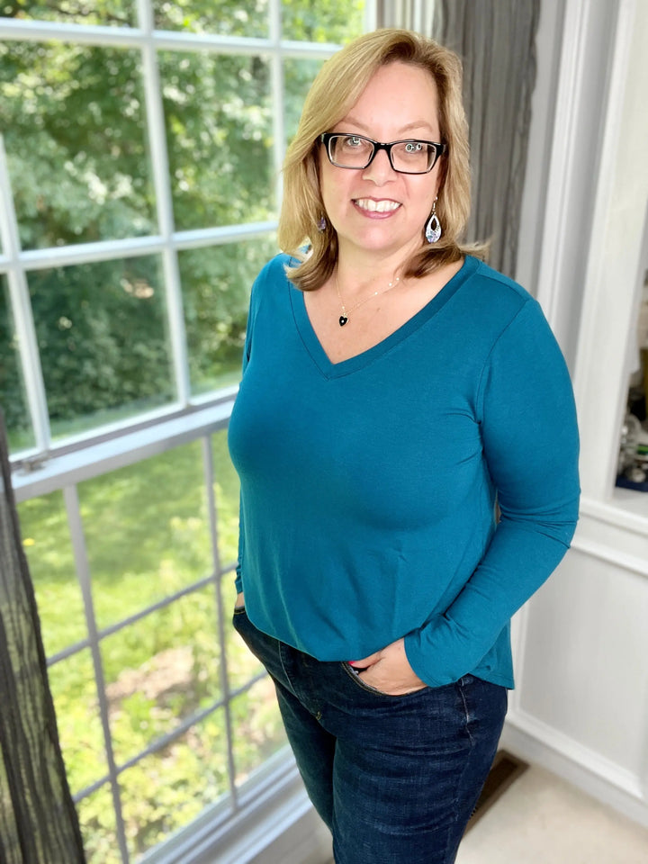 Classic V-Neck Long-Sleeve Top in Teal-long sleeve top-Zenana-Styled by Steph-Women's Fashion Clothing Boutique, Indiana
