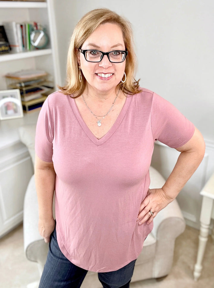 Classic V-Neck Short-Sleeve Top in Light Rose-short sleeve top-Zenana-Styled by Steph-Women's Fashion Clothing Boutique, Indiana