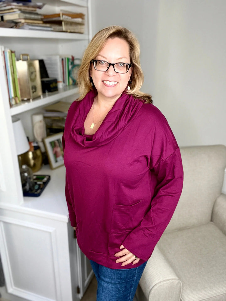 Dark Raspberry Cowl-Neck Tunic with Pockets-tunic-Ninexis-Styled by Steph-Women's Fashion Clothing Boutique, Indiana
