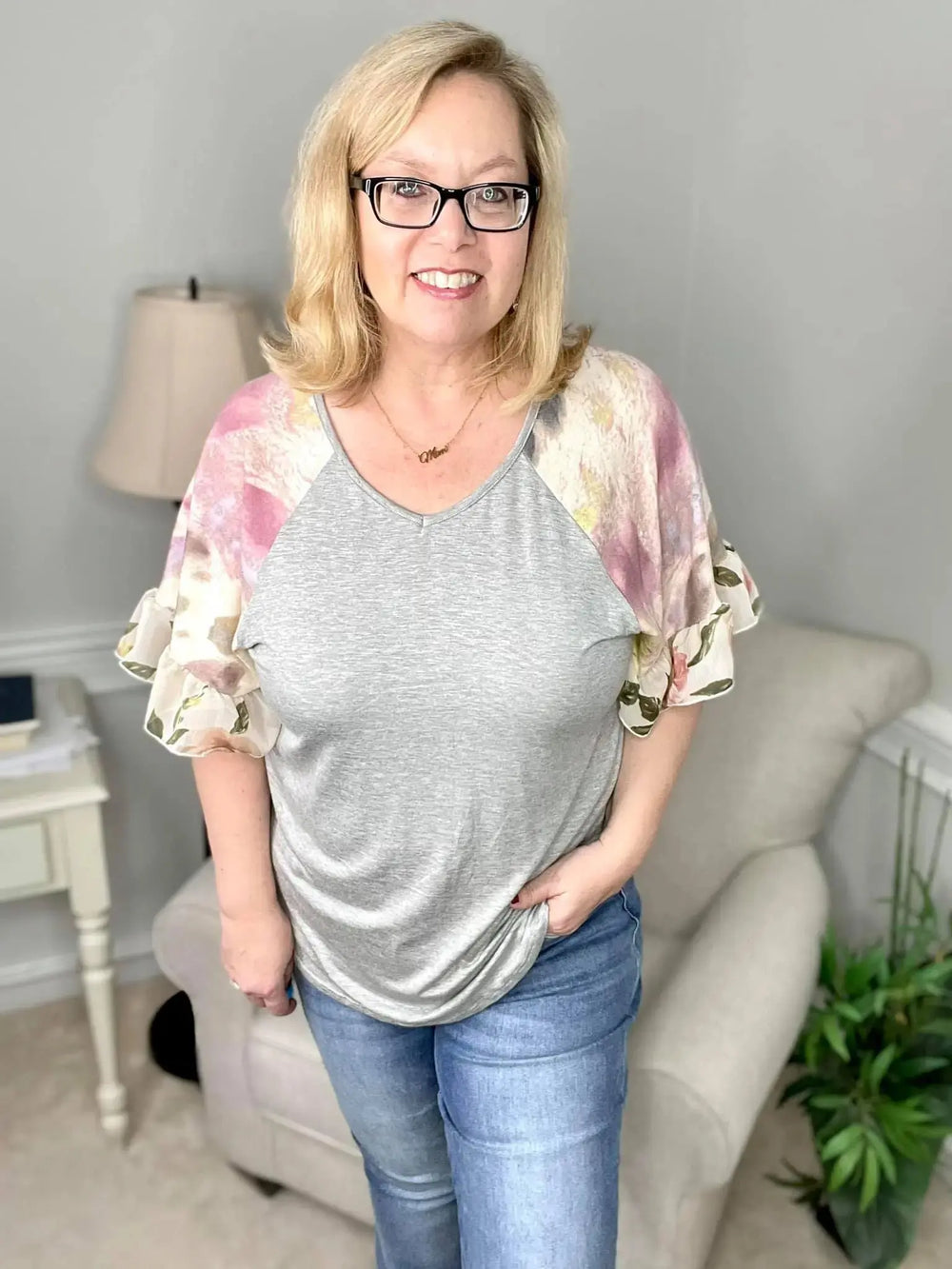 Flutter Sleeve Gray T-short sleeve top-EG Fashion-Styled by Steph-Women's Fashion Clothing Boutique, Indiana