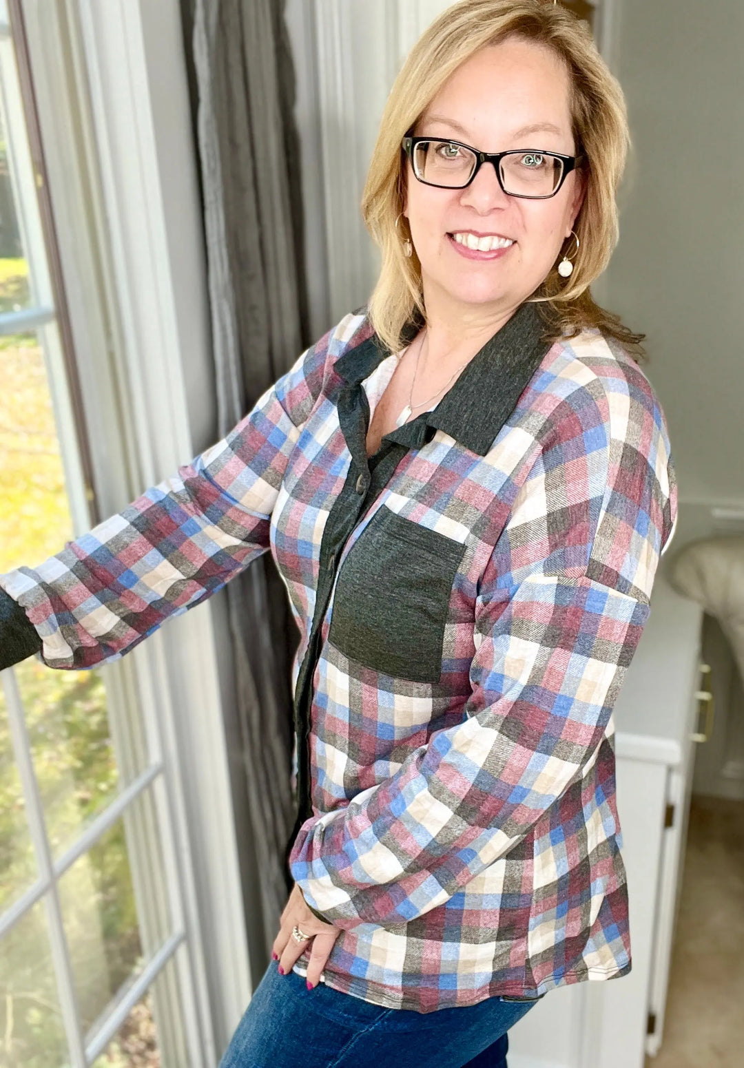 Hacci Charcoal/Blue Plaid Flannel Shirt-long sleeve top-Heimish-Styled by Steph-Women's Fashion Clothing Boutique, Indiana