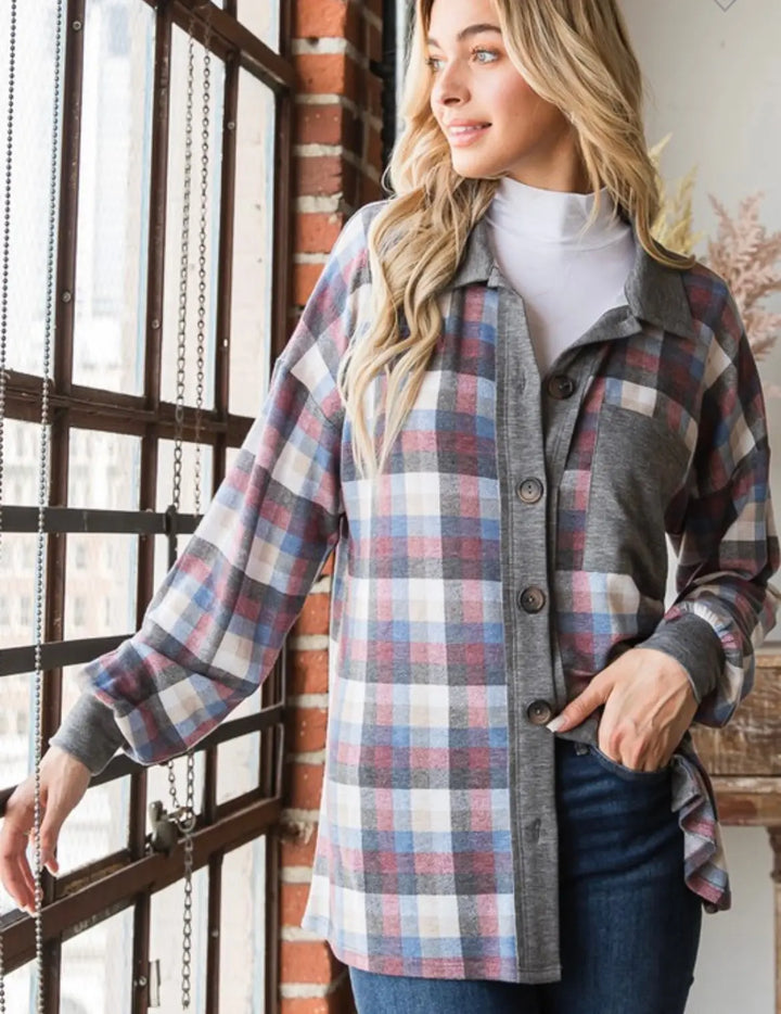 Hacci Charcoal/Blue Plaid Flannel Shirt-long sleeve top-Heimish-Styled by Steph-Women's Fashion Clothing Boutique, Indiana