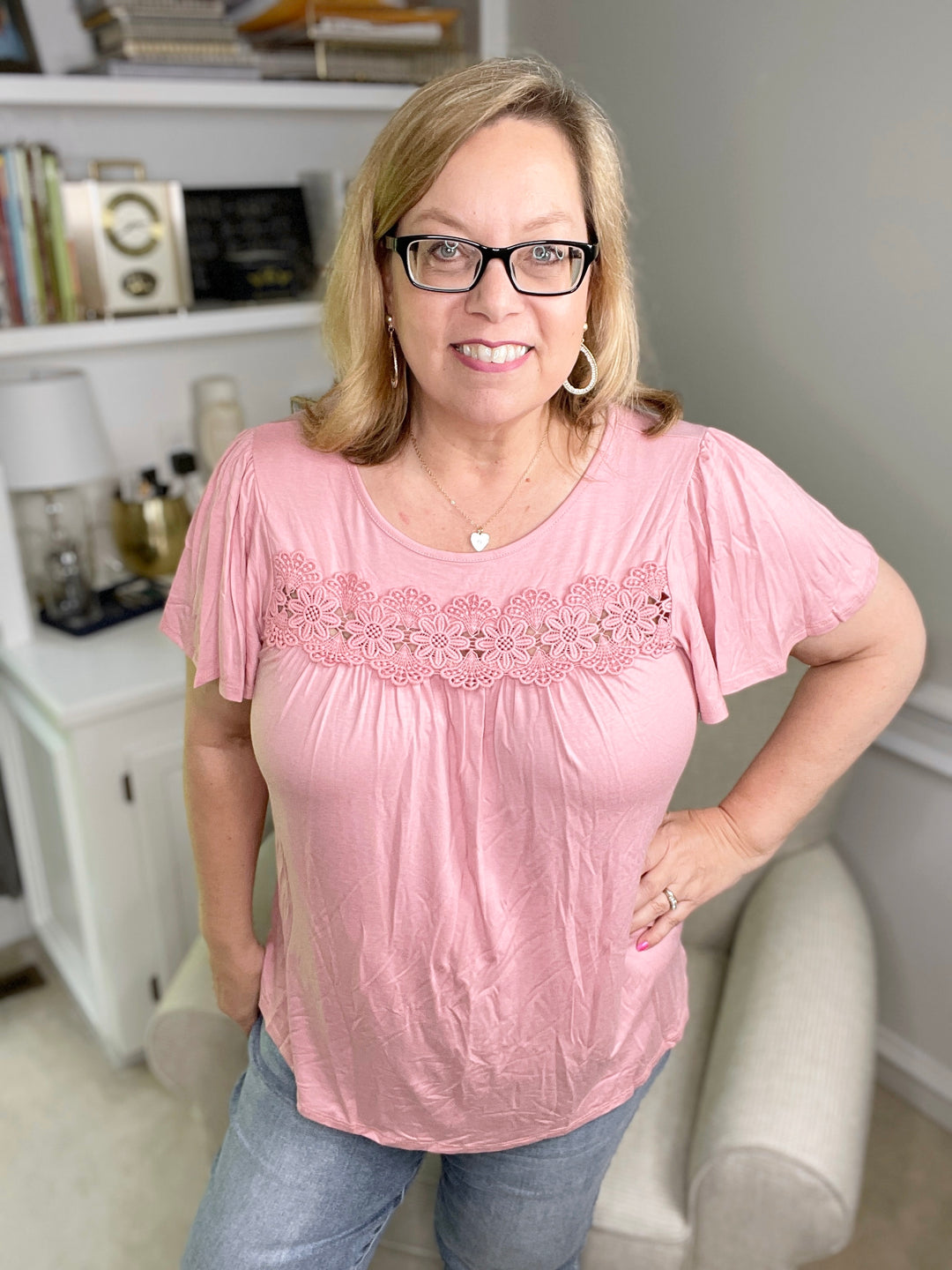 Crochet Trim Flutter-Sleeve Top in Blush-short sleeve top-CY Fashion-Styled by Steph-Women's Fashion Clothing Boutique, Indiana