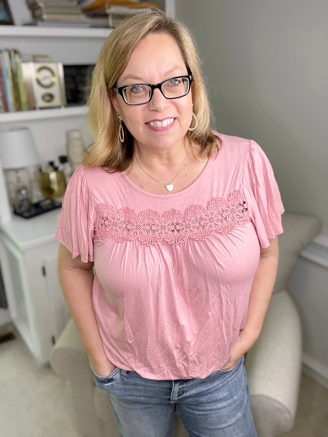 Crochet Trim Flutter-Sleeve Top in Blush-short sleeve top-CY Fashion-Styled by Steph-Women's Fashion Clothing Boutique, Indiana