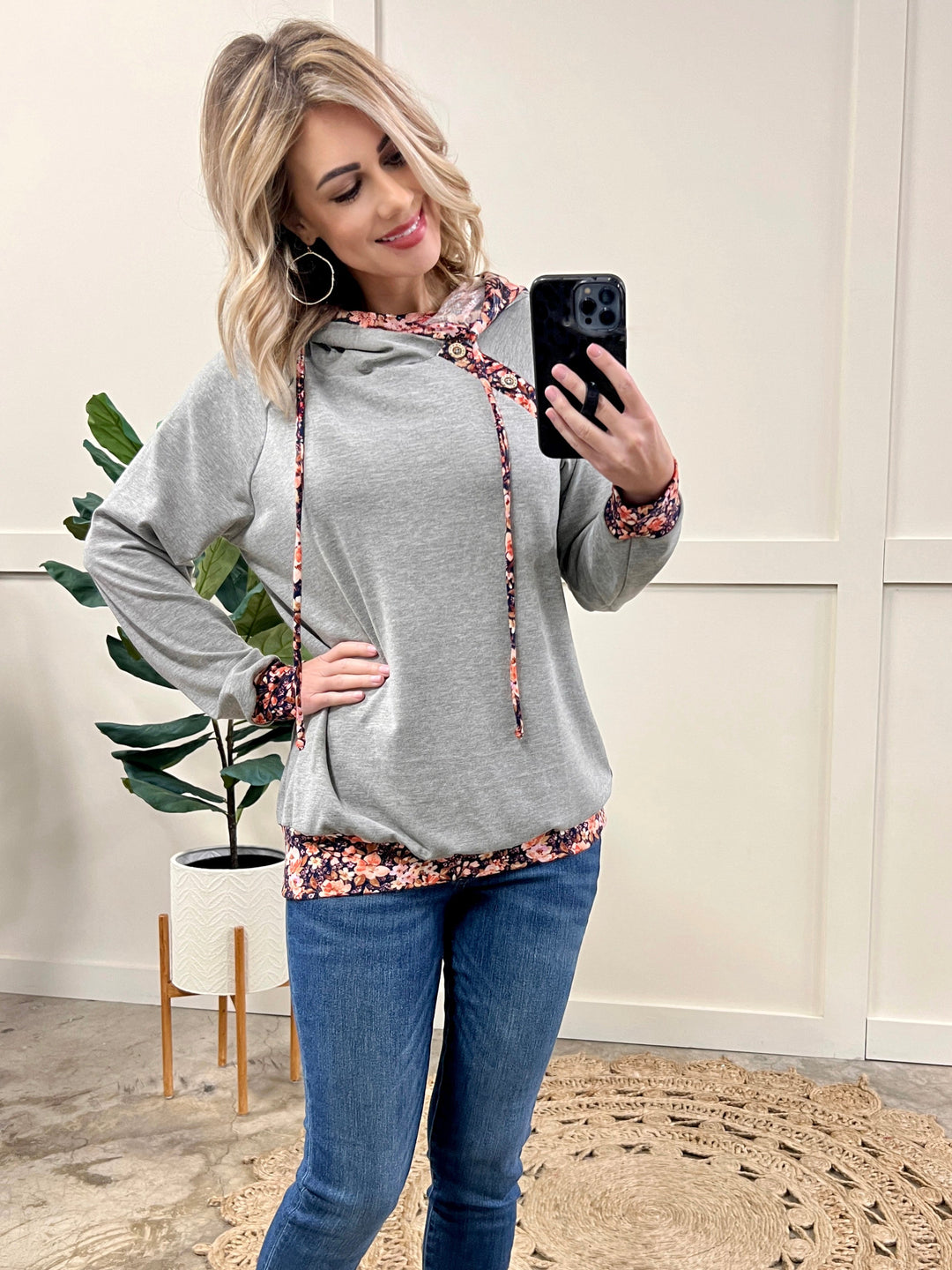 Gray Hoodie with Navy Floral Accents-layer-Styled by Steph-Styled by Steph-Women's Fashion Clothing Boutique, Indiana