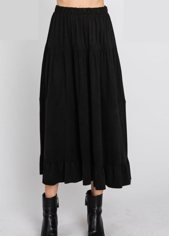Black Micro-Suede Tiered Ruffle Skirt-skirt-Gee Gee-Styled by Steph-Women's Fashion Clothing Boutique, Indiana