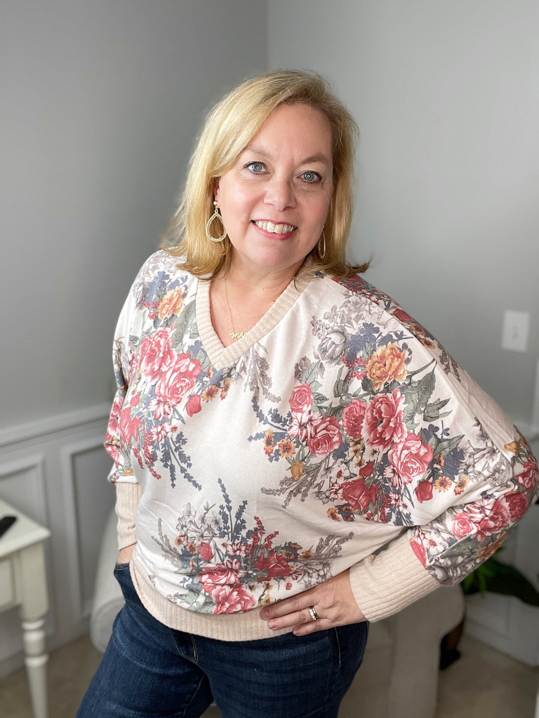 Cream Floral V-Neck Sweater with Dolman Sleeves-sweater-White Birch-Styled by Steph-Women's Fashion Clothing Boutique, Indiana