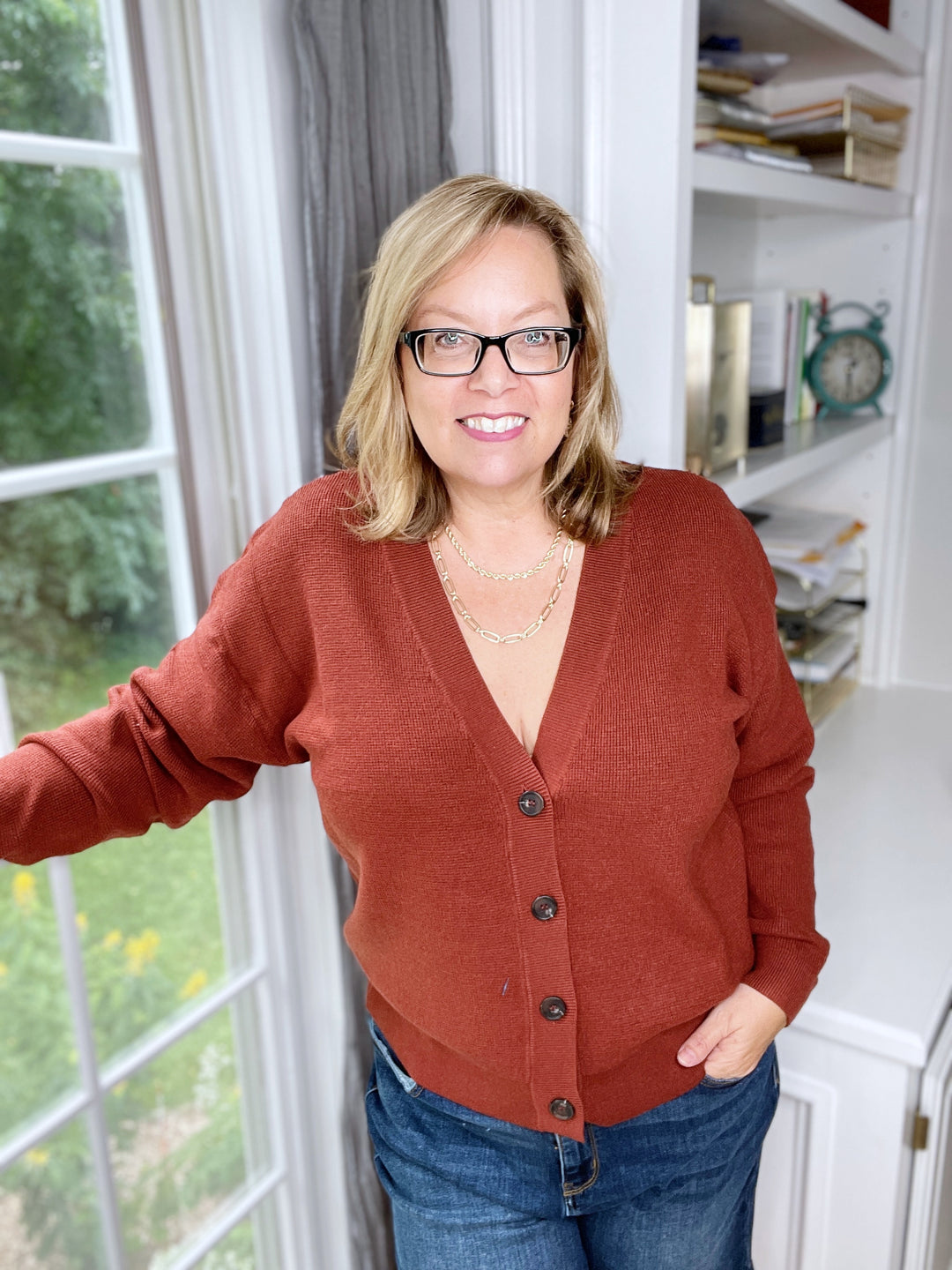V-Neck Button Down Cardigan in Rust-cardigan-Zenana-Styled by Steph-Women's Fashion Clothing Boutique, Indiana