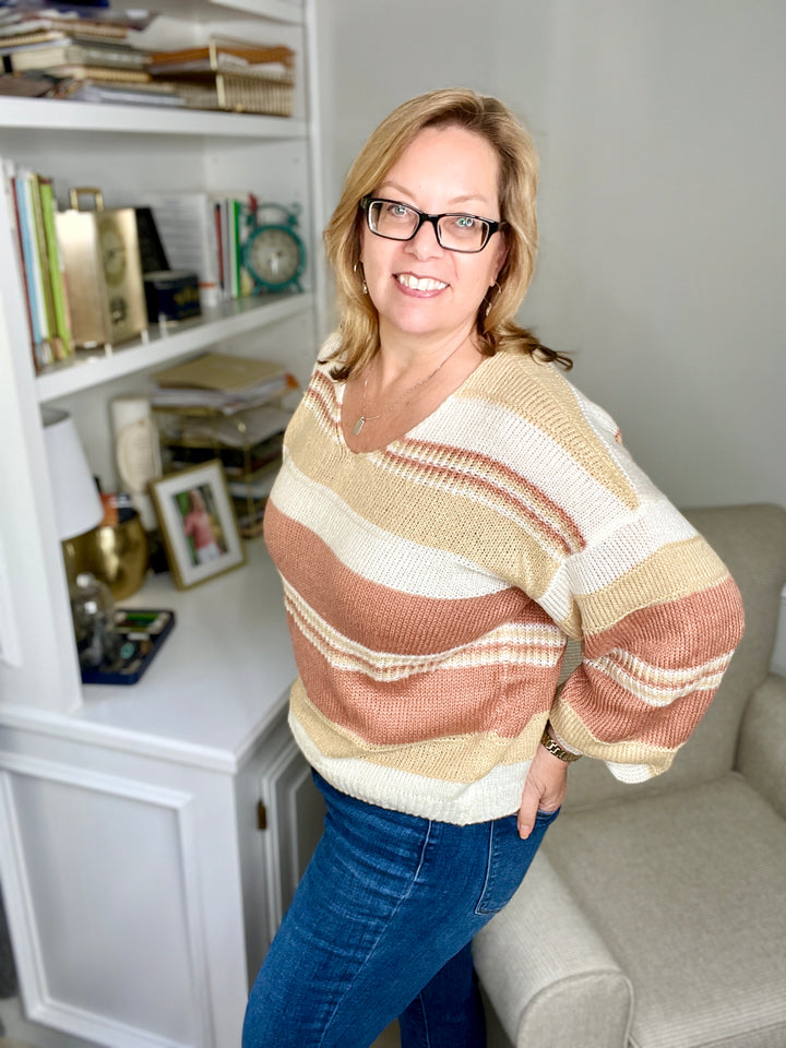 Blush/Taupe/Ivory Loose Sweater with Balloon Sleeves-sweater-Davi & Dani-Styled by Steph-Women's Fashion Clothing Boutique, Indiana