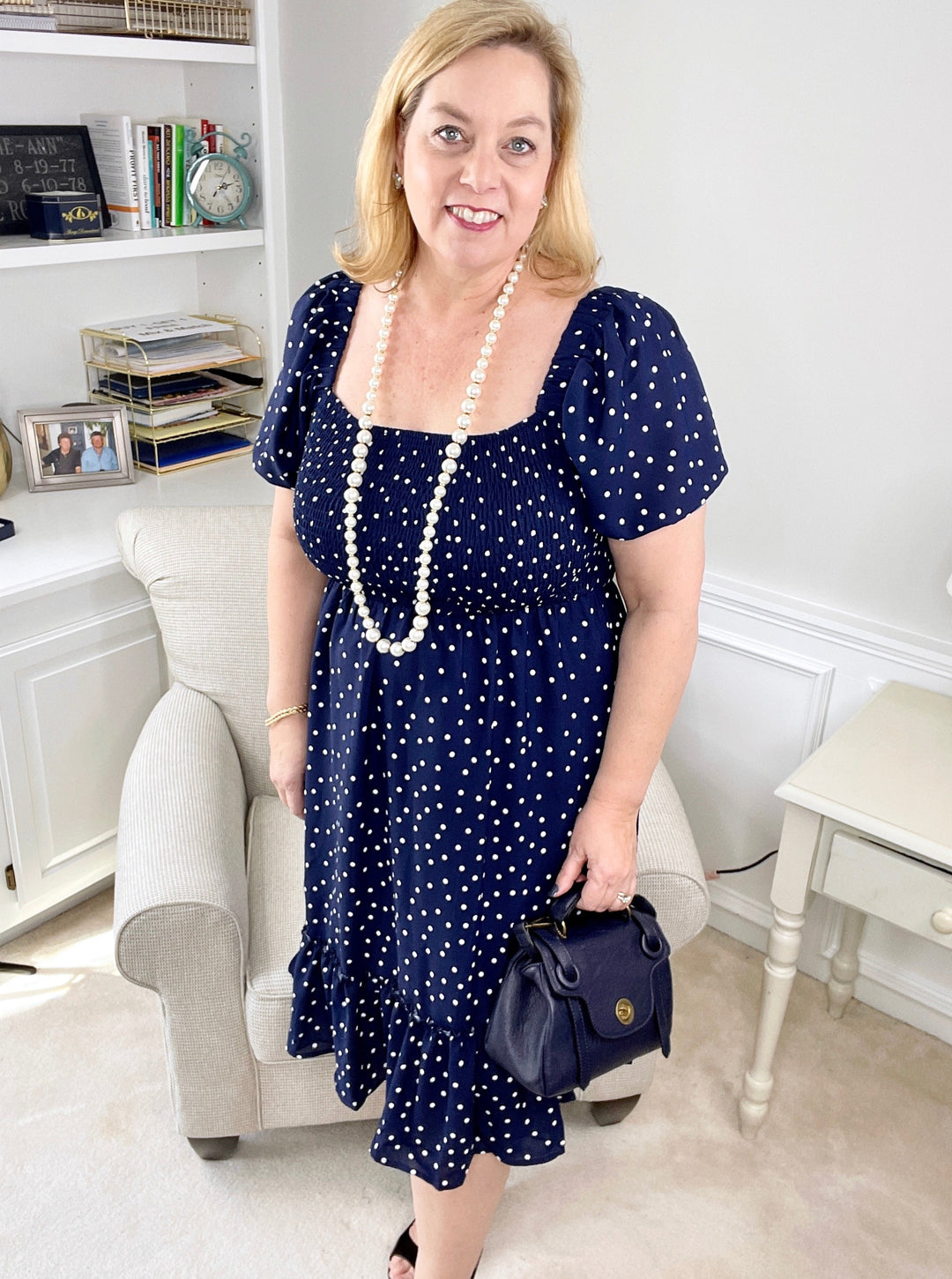 Smocked Top Navy Polka Dot Dress-dress-CY Fashion-Styled by Steph-Women's Fashion Clothing Boutique, Indiana
