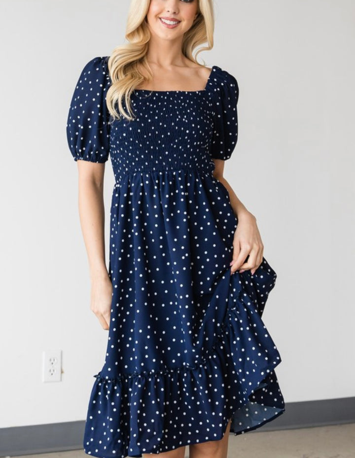 Smocked Top Navy Polka Dot Dress-dress-CY Fashion-Styled by Steph-Women's Fashion Clothing Boutique, Indiana