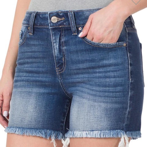 Zenana Medium Wash Frayed Hem Denim Shorts-shorts-Zenana-Styled by Steph-Women's Fashion Clothing Boutique, Indiana