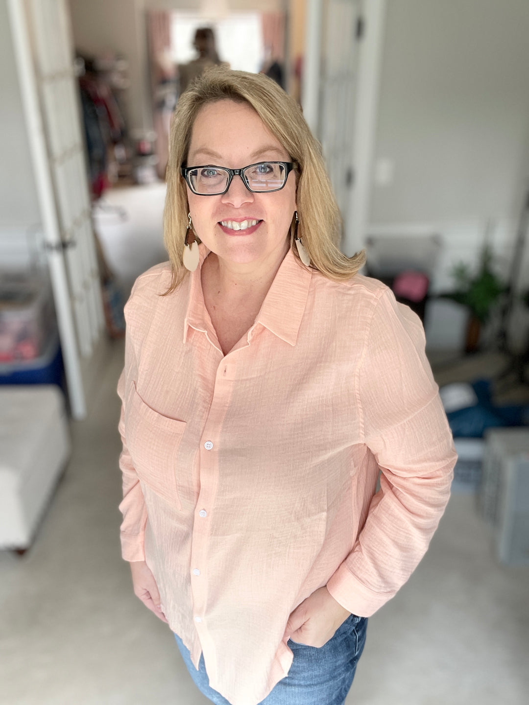 Soft Crinkled Gauze Button Down Shirt - Soft Coral-long sleeve top-e. Luna-Styled by Steph-Women's Fashion Clothing Boutique, Indiana