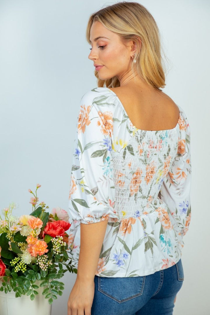 Ivory Floral Smocked Blouse-3/4 sleeve top-White Birch-Styled by Steph-Women's Fashion Clothing Boutique, Indiana