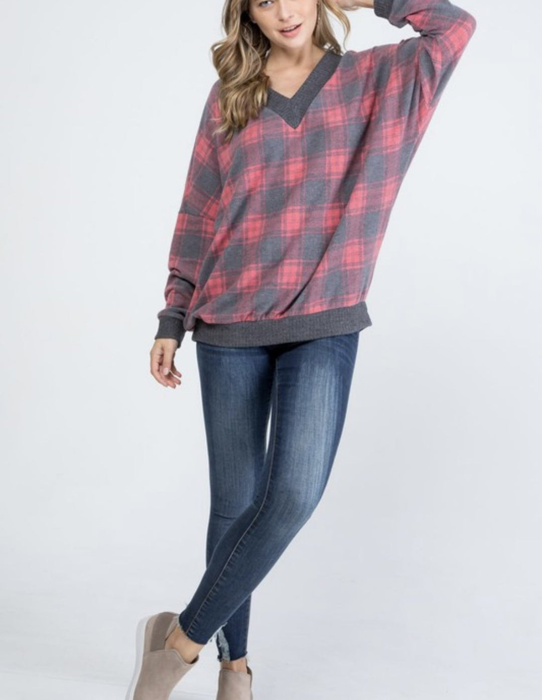 Brushed Hacci V-Neck Red Plaid Sweater-sweater-P & Rose-Styled by Steph-Women's Fashion Clothing Boutique, Indiana