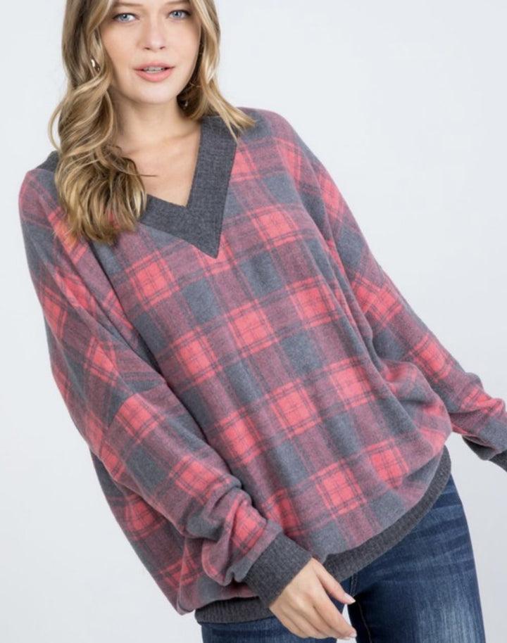 Brushed Hacci V-Neck Red Plaid Sweater-sweater-P & Rose-Styled by Steph-Women's Fashion Clothing Boutique, Indiana