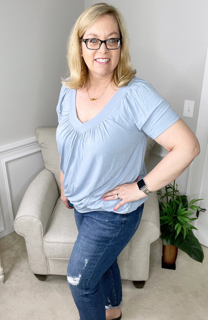 Light Blue Gathered V-Neck Top-short sleeve top-Zenana-Styled by Steph-Women's Fashion Clothing Boutique, Indiana
