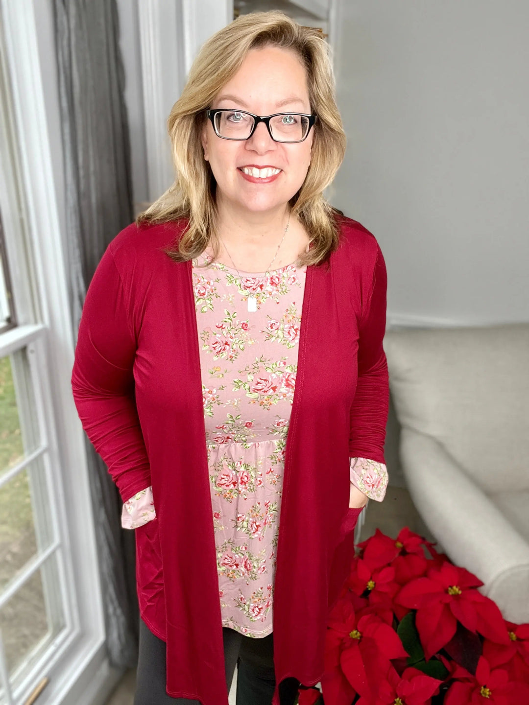 Long-Sleeved Lightweight Cardigan with Pockets - Dark Red-cardigan-Ninexis-Styled by Steph-Women's Fashion Clothing Boutique, Indiana