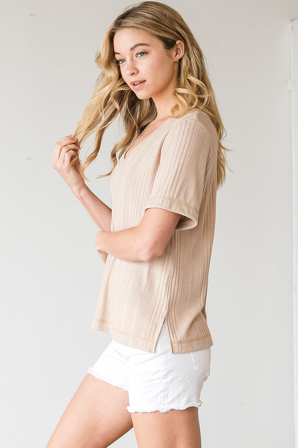 Taupe V-Neck Knit Top-short sleeve top-CY Fashion-Styled by Steph-Women's Fashion Clothing Boutique, Indiana