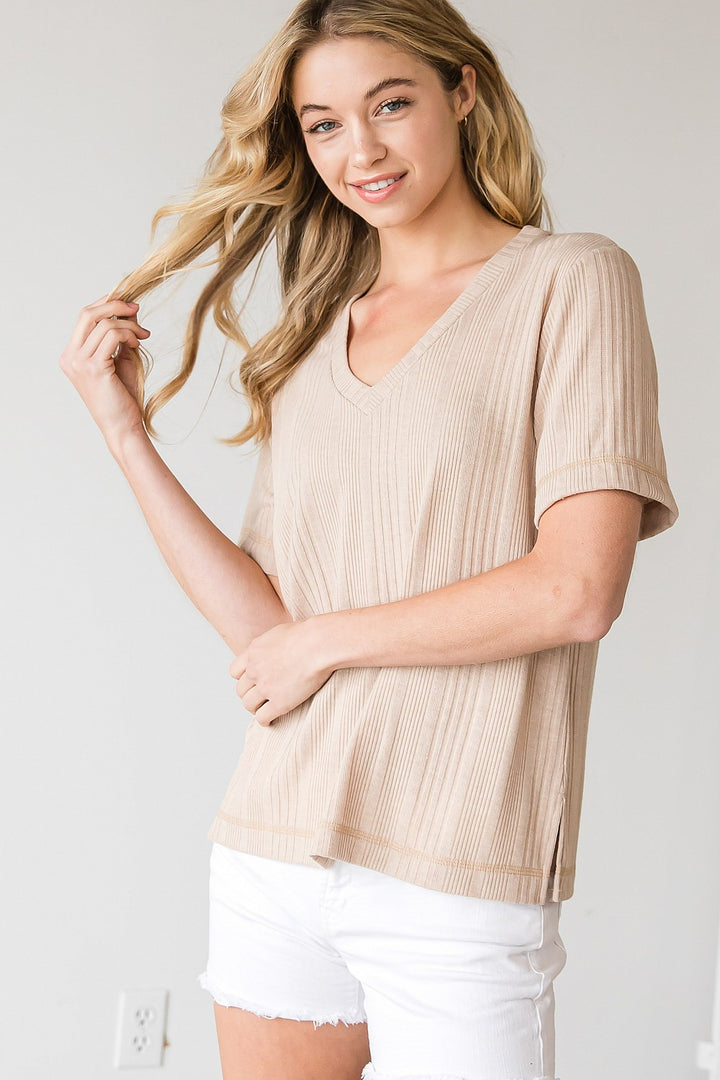 Taupe V-Neck Knit Top-short sleeve top-CY Fashion-Styled by Steph-Women's Fashion Clothing Boutique, Indiana