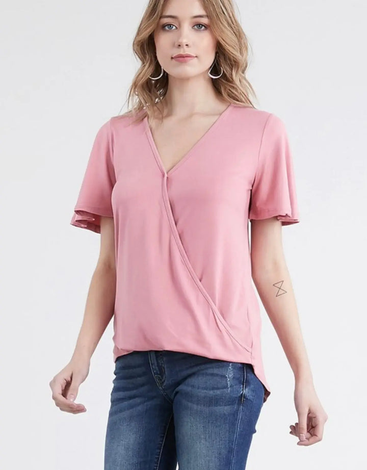 Mauve Draped Faux-Wrap Top-short sleeve top-Ninexis-Styled by Steph-Women's Fashion Clothing Boutique, Indiana