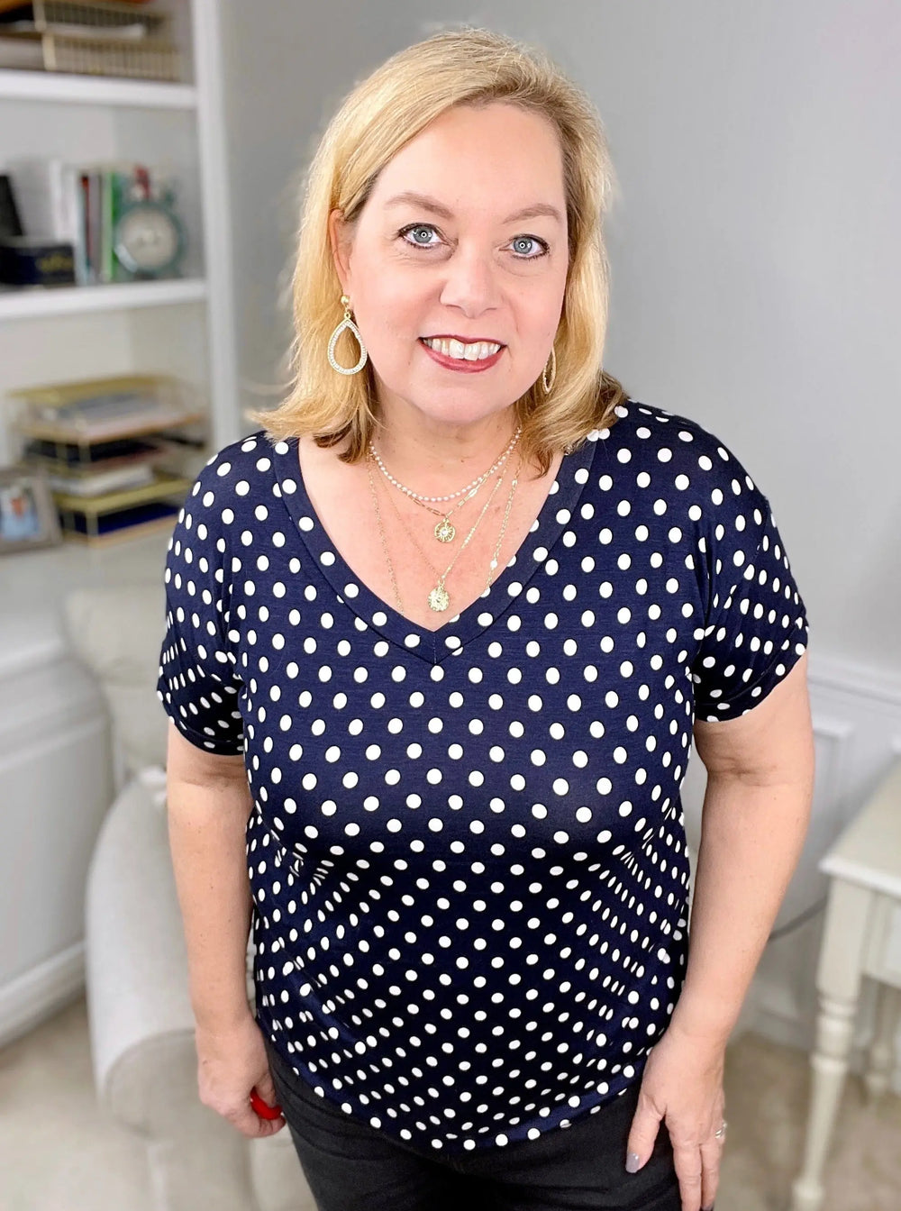 Navy Polka Dot V-Neck Top-short sleeve top-e. Luna-Styled by Steph-Women's Fashion Clothing Boutique, Indiana
