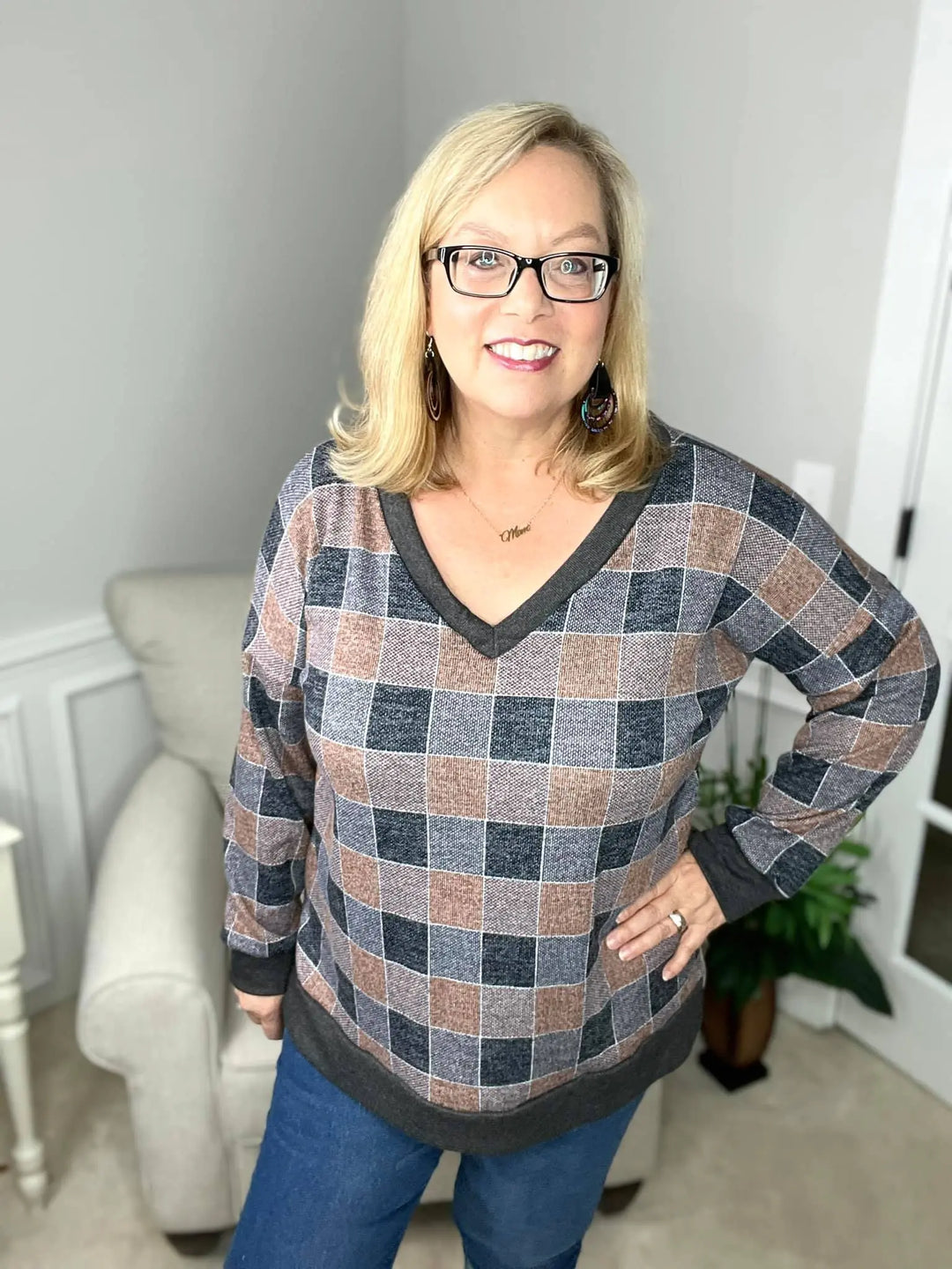 Navy, Charcoal, & Taupe Plaid Weekender-sweater-Sew in Love-Styled by Steph-Women's Fashion Clothing Boutique, Indiana
